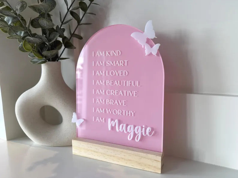Personalized Butterfly Affirmation Sign for Girls | Custom Acrylic Name Sign | Positive Affirmation Decor | Nursery & Bedroom Gift