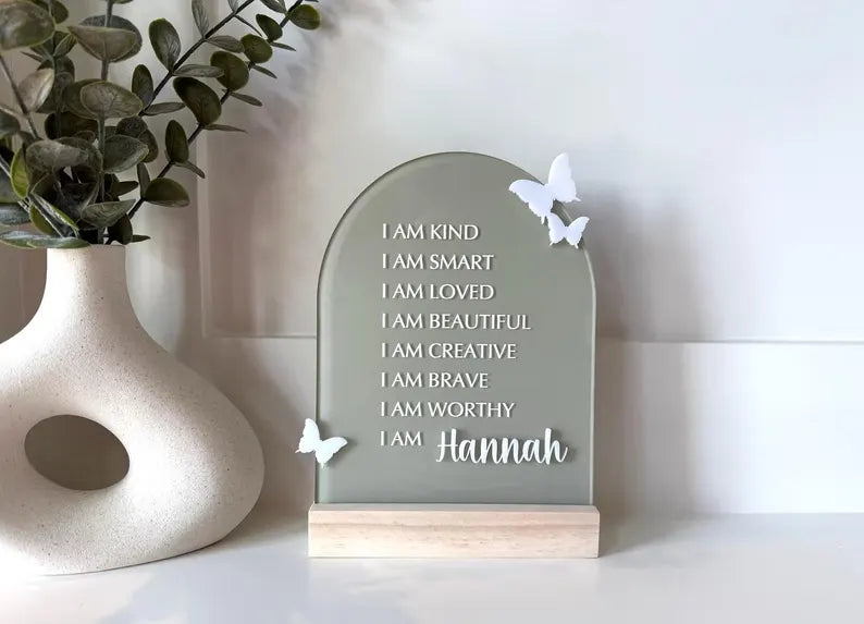 Personalized Butterfly Affirmation Sign for Girls | Custom Acrylic Name Sign | Positive Affirmation Decor | Nursery & Bedroom Gift